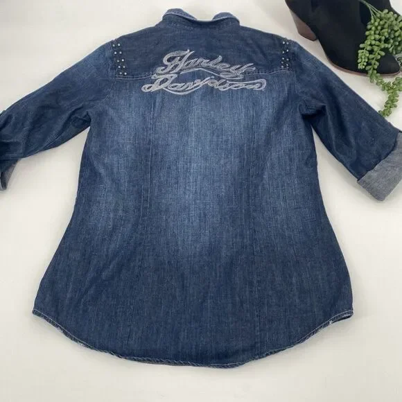 Harley Davidson Womens S Pearl Snap Close Studded  Denim Jean Shirt Roll Tab  Bl - Picture 2 of 12